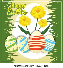 Easter eggs in the grass with dandelions, banner, vector illustration