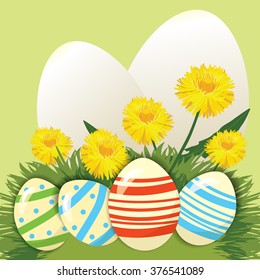 Easter eggs in the grass with dandelions, banner, vector illustration