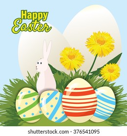 Easter eggs in the grass with dandelions, banner, vector illustration