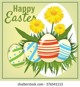 Easter eggs in the grass with dandelions, banner, vector illustration