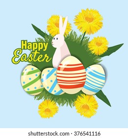 Easter eggs in the grass with dandelions, banner, vector illustration