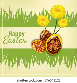 Easter eggs in the grass with dandelions, banner, vector illustration
