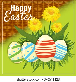 Easter eggs in the grass with dandelions, banner, vector illustration