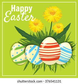 Easter eggs in the grass with dandelions, banner, vector illustration