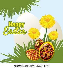 Easter eggs in the grass with dandelions, banner, vector illustration