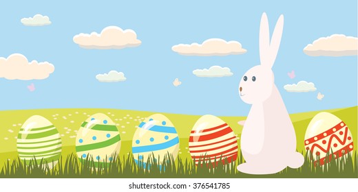 Easter eggs in the grass with dandelions and Easter bunnies in a landscape, banner, vector illustration