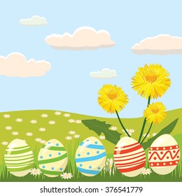 Easter eggs in the grass with dandelions, in a landscape, banner, vector illustration