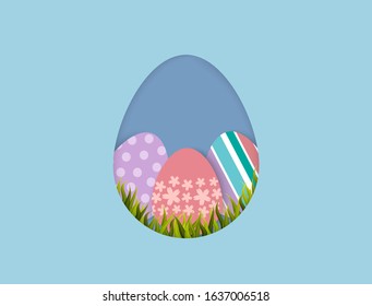 Easter eggs and grass in egg shape frame