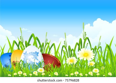 Easter eggs in the grass with flowers and clouds