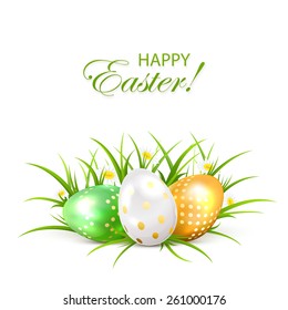 Easter eggs in a grass with flowers, illustration.