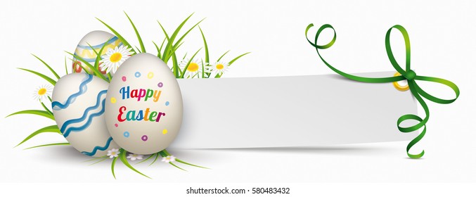 Easter eggs with grass, flowers and paper banner with green ribbon.  Eps 10 vector file.