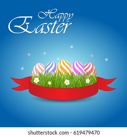 Easter eggs with grass and flowers in red ribbon on a blue background. Vector elements for celebratory design