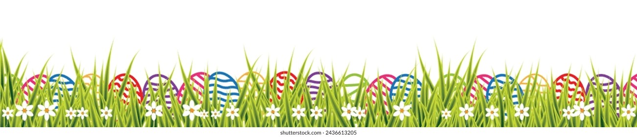 Easter eggs grass flowers seamless border. Easter banner design. 
