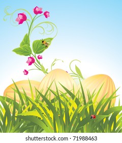 Easter eggs in the grass with flowers. Spring composition. Vector