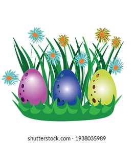 easter eggs in grass and flowers. Vector Easter illustration