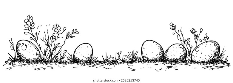 easter eggs in grass with flowers vector doodle black sketch illustration