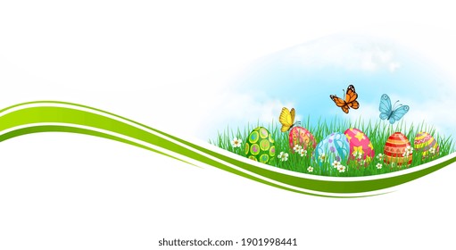 Easter eggs and grass, green wave vector design. Easter egg hunt spring field, flowers, painted gifts and flying butterflies, religion holiday greeting card