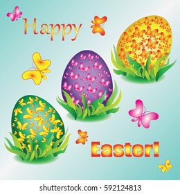 Easter eggs in the grass. Happy easter! Design picture postcards with the text. Template greeting card with eggs, grass and insects.