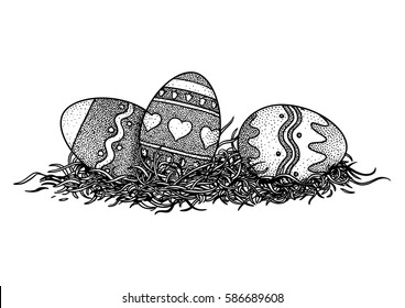 Easter eggs in grass illustration, drawing, engraving, vector