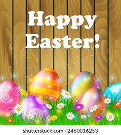 Easter eggs in grass on brown wooden background with flowers Happy Easter, Vector illustration