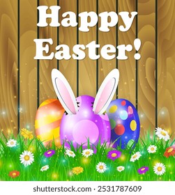 Easter eggs in grass on brown wooden background with flowers Happy Easter, Rabbit ears sticking out of the egg. Vector illustration