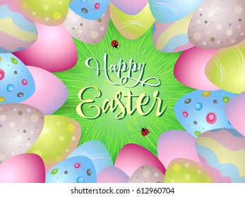 Easter eggs and grass on the green background. Vector Easter Holiday Frame.