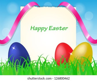 Easter eggs in the grass, paper and pink ribbon in the sky