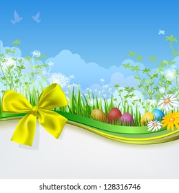 Easter eggs with grass and ribbon. Empty space. Spring background