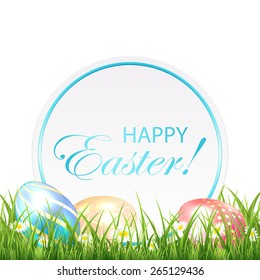 Easter eggs in the grass and round card, illustration.