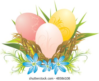 Easter eggs, grass and spring flowers. Vector