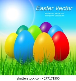 Easter eggs and grass, spring vector background. 