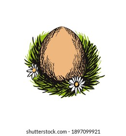Easter eggs with grass wreath and  flowers engraved sketch style vector