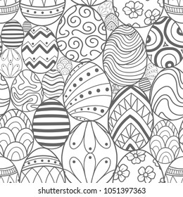Easter eggs in gray outline random on white background. Cute hand drawn seamless pattern design for Easter festival in vector illustration.