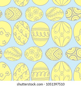 Easter eggs in gray outline and yellow plane line up on blue background. Cute hand drawn seamless pattern design for Easter festival in vector illustration.