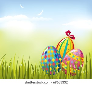 Easter eggs in green fresh grass