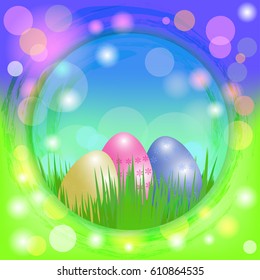 Easter eggs in green grass. Blurred background. Vector illustration.