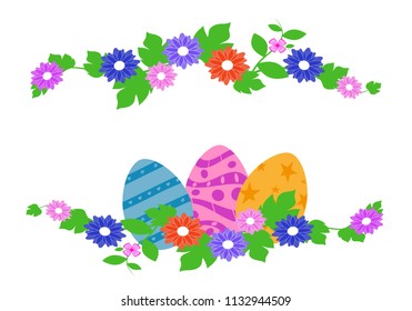 Easter eggs in green grass with flowers, isolated on white background. Vector illustration