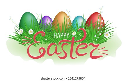 Easter eggs in green grass with flowers and lettering happy Easter on white background. Decorative element for design. Vector illustration.