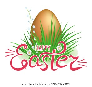 Easter eggs in green grass with flowers and lettering happy Easter. Element for celebratory design. Vector illustration.