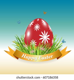Easter eggs in green grass with a golden ribbon.