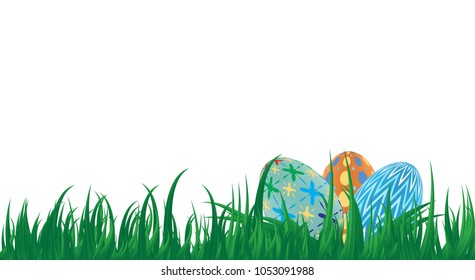 Easter eggs with green grass on white background., vector illustration