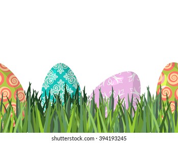Easter eggs and green grass seamless horizontal ornament. Pattern for religious holiday. Green Lawn