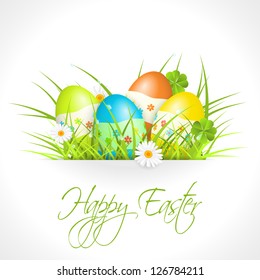 easter eggs in green grass, with text, easter greeting card, vector illustration, with transparency, eps 10