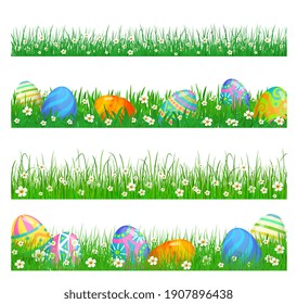 Easter Eggs And Green Grass Vector Borders Of Easter Egg Hunt Religion Holiday Design. Spring Grass Blades, White Flowers And Blooming Herbs Banner, Resurrection Sunday Decoration