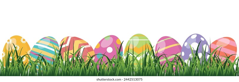 Easter eggs in green grass. Vector graphics