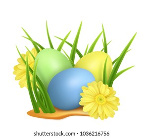 Easter eggs in green grass with yellow flowers isolated on white background. Vector image.