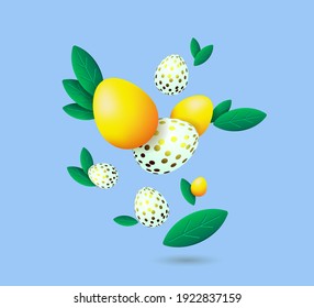 Easter eggs and green leaves. Easter decorative composition