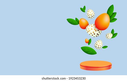Easter eggs and green leaves. Easter decorative composition