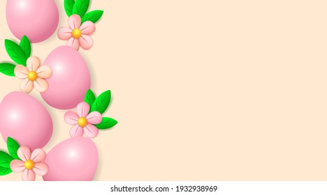 Easter eggs and green leaves. Easter decorative composition