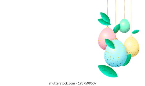 Huevos de Pascua y hojas verdes. Composición decorativa de Pascua